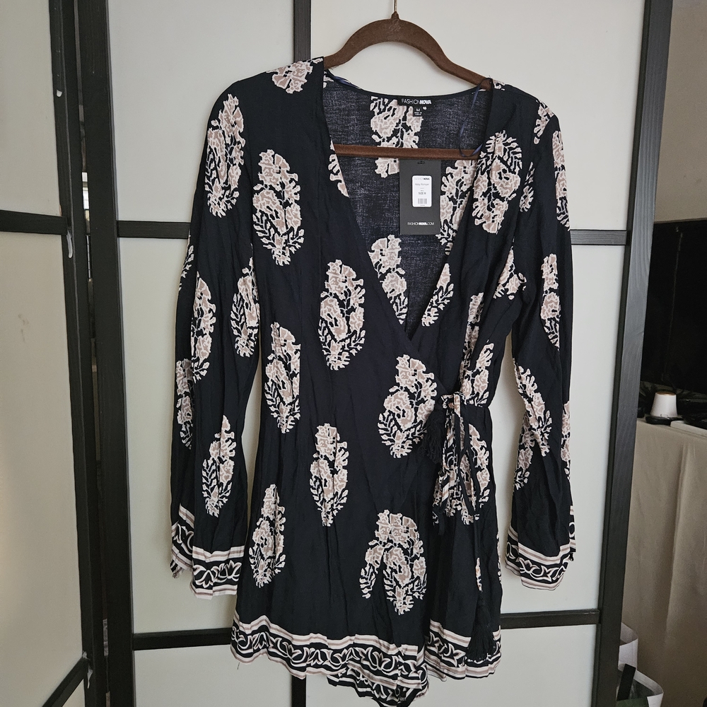 Fashion Nova Black and Cream Floral Jumpsuit